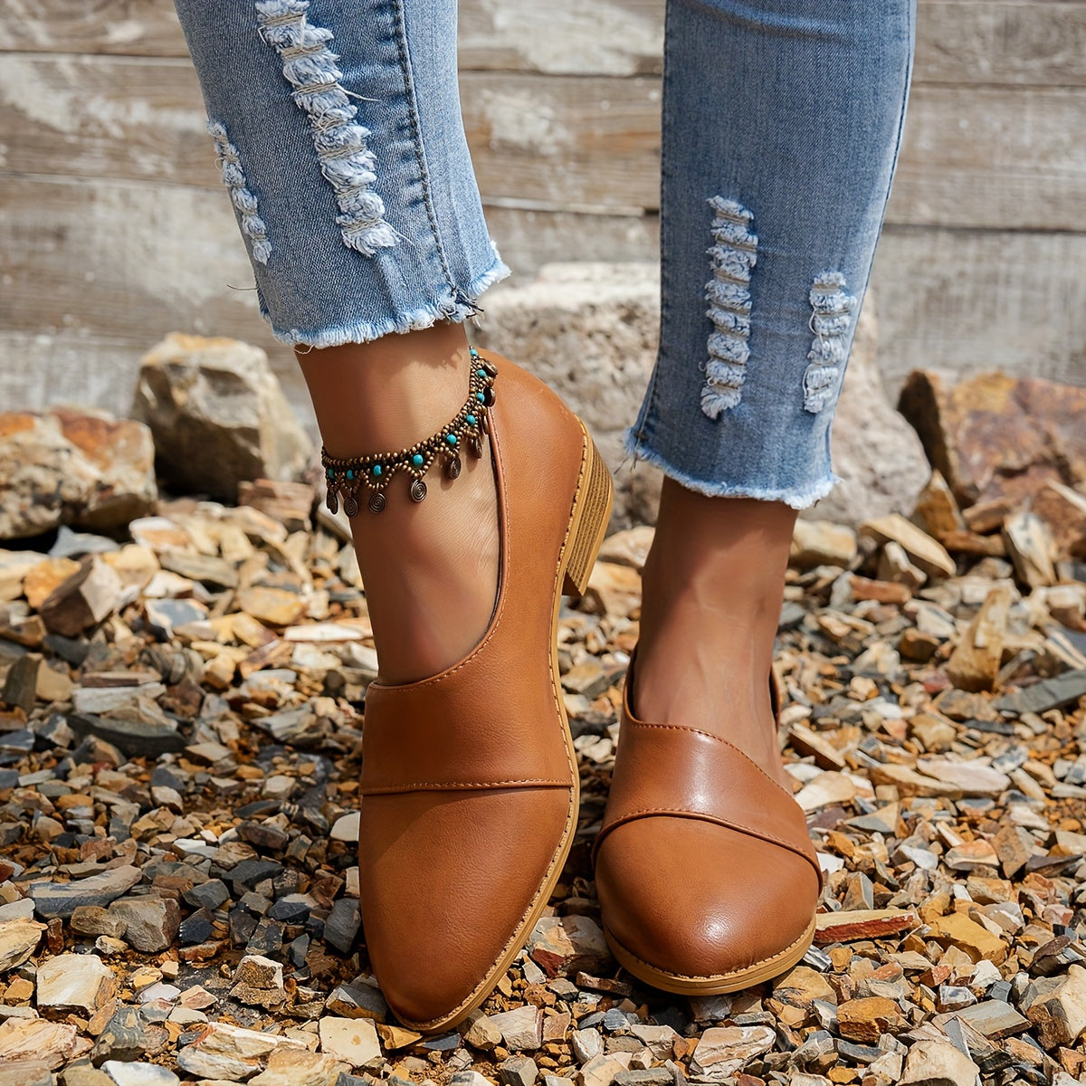 Women's Patchwork Low Heel Pumps with Chunky Heel and Side Cutouts