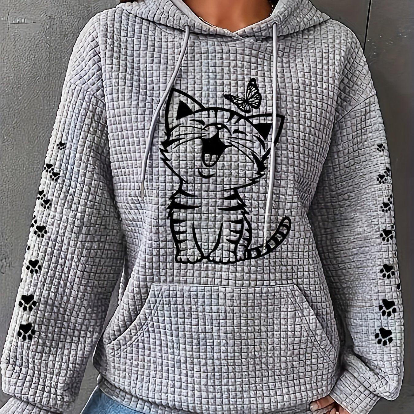 Women's Cat Pattern Waffle Hoodie Long Sleeve Casual Sweatshirt Large Size