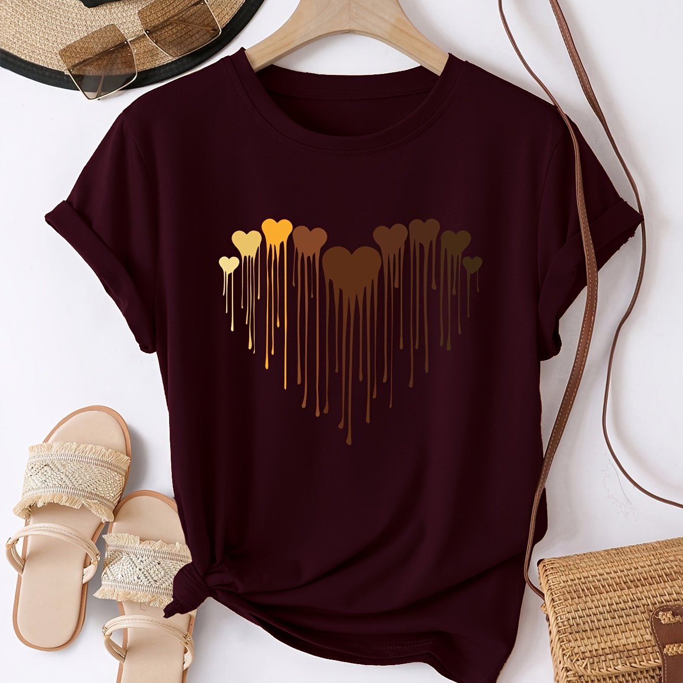 Women's Polyester Blend Crew Neck T-Shirt with Heart Print for All Seasons