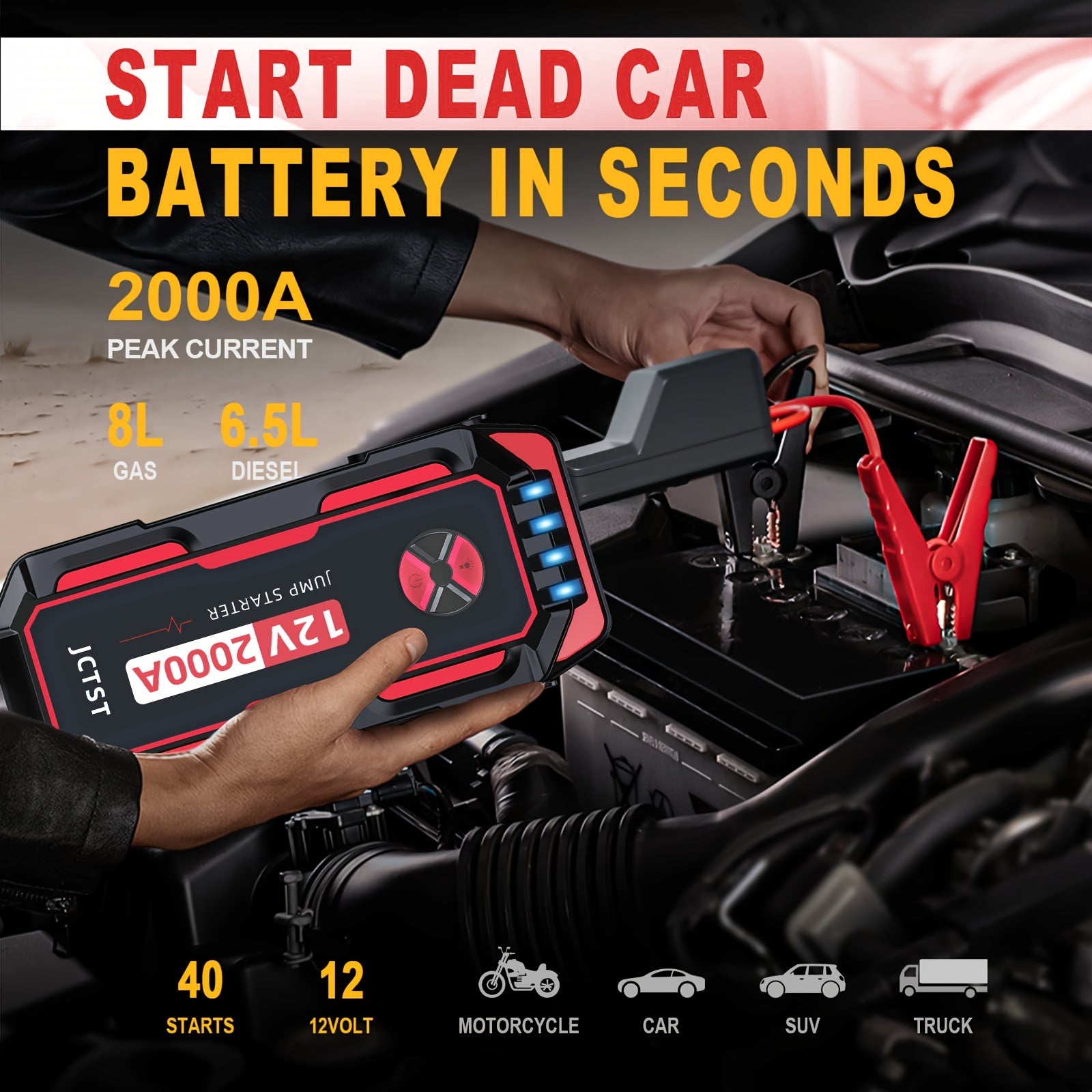 Portable Car Jump Starter 2000A Peak Lithium Battery with Safety Clamps