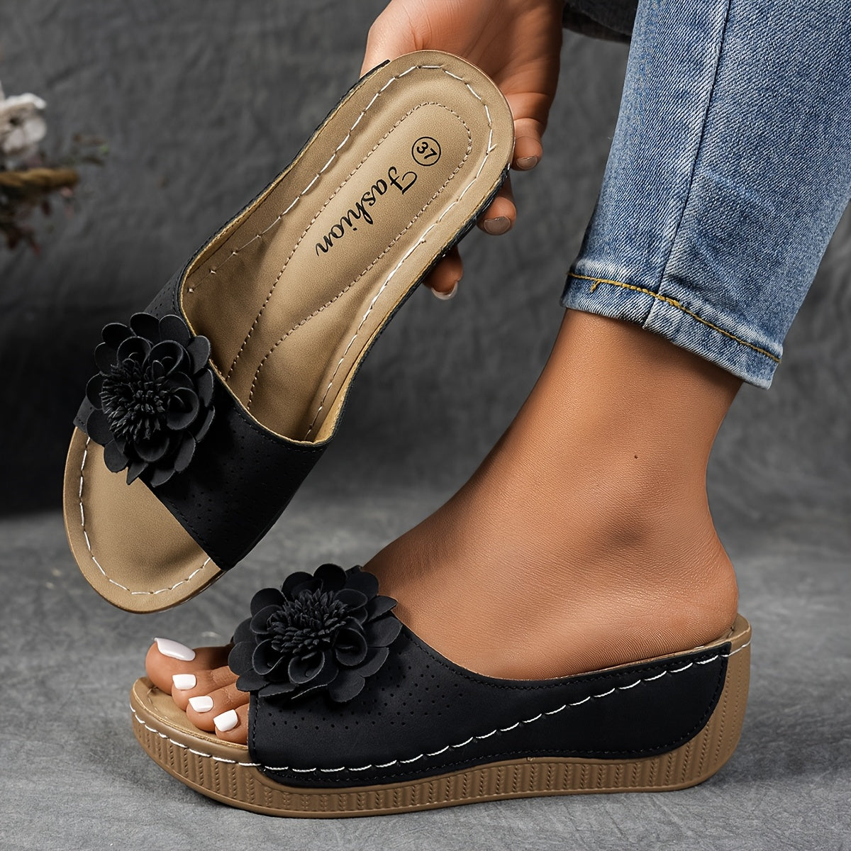 Women's Wedge Sandals Floral Embellished Slip-On Summer Beach Shoes