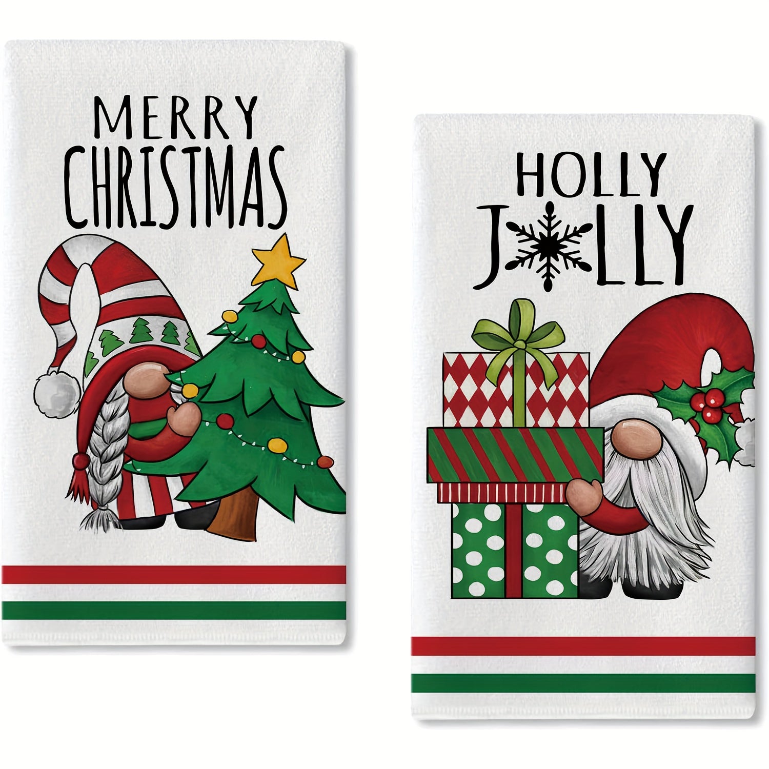 Set of 2 Christmas Gnome Kitchen Towels Red Green Holiday Hand Drying Baking 18x28 Inches
