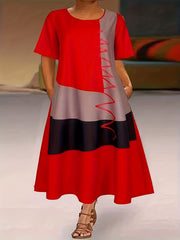 Plus Size Red and Black Abstract Print Maxi Dress with Pockets for Spring Summer Casual Wear