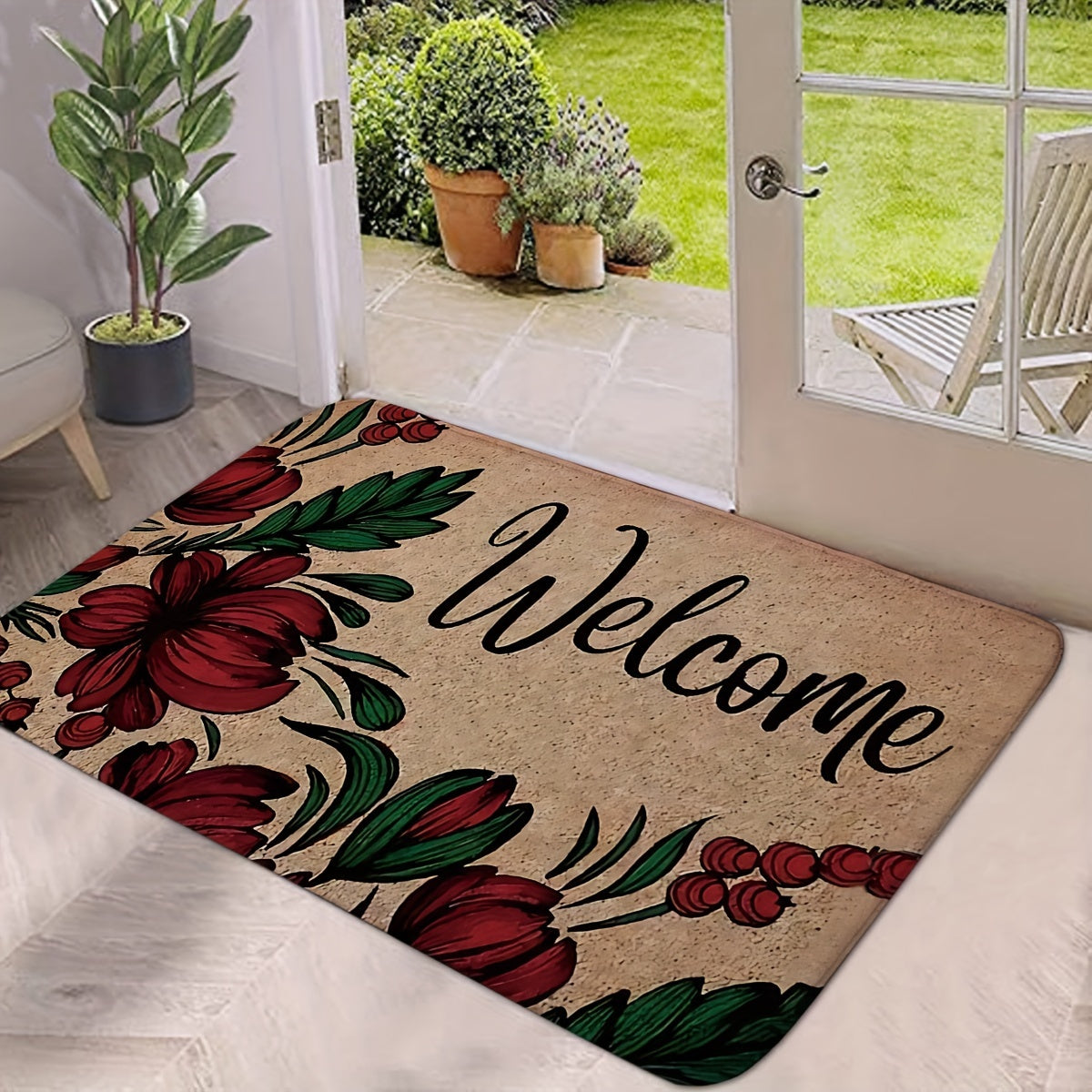 Red Flower Welcome Door Mat, Indoor Outdoor, Non-Slip, Medium Pile
