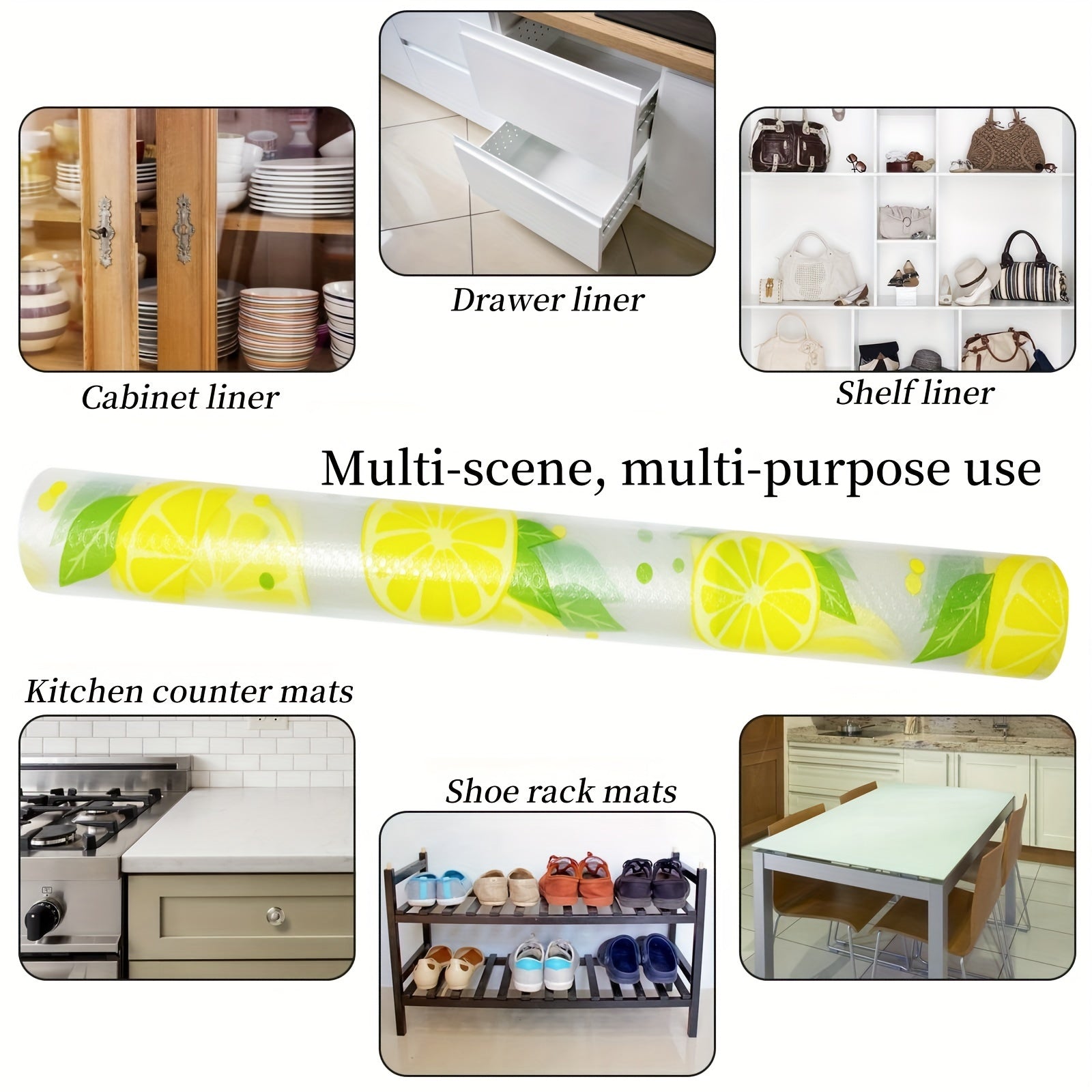 Vinyl Kitchen Cabinet Liner with Lemon Pattern Moisture Waterproof Dustproof Non-Slip Multi-Purpose Shelf Drawer Fridge Mat
