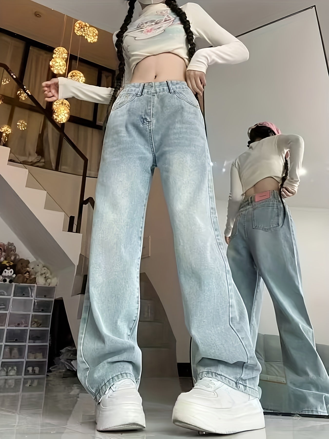 Women's Plus Size Denim Jeans High-Waisted Wide-Leg Solid Color Pants