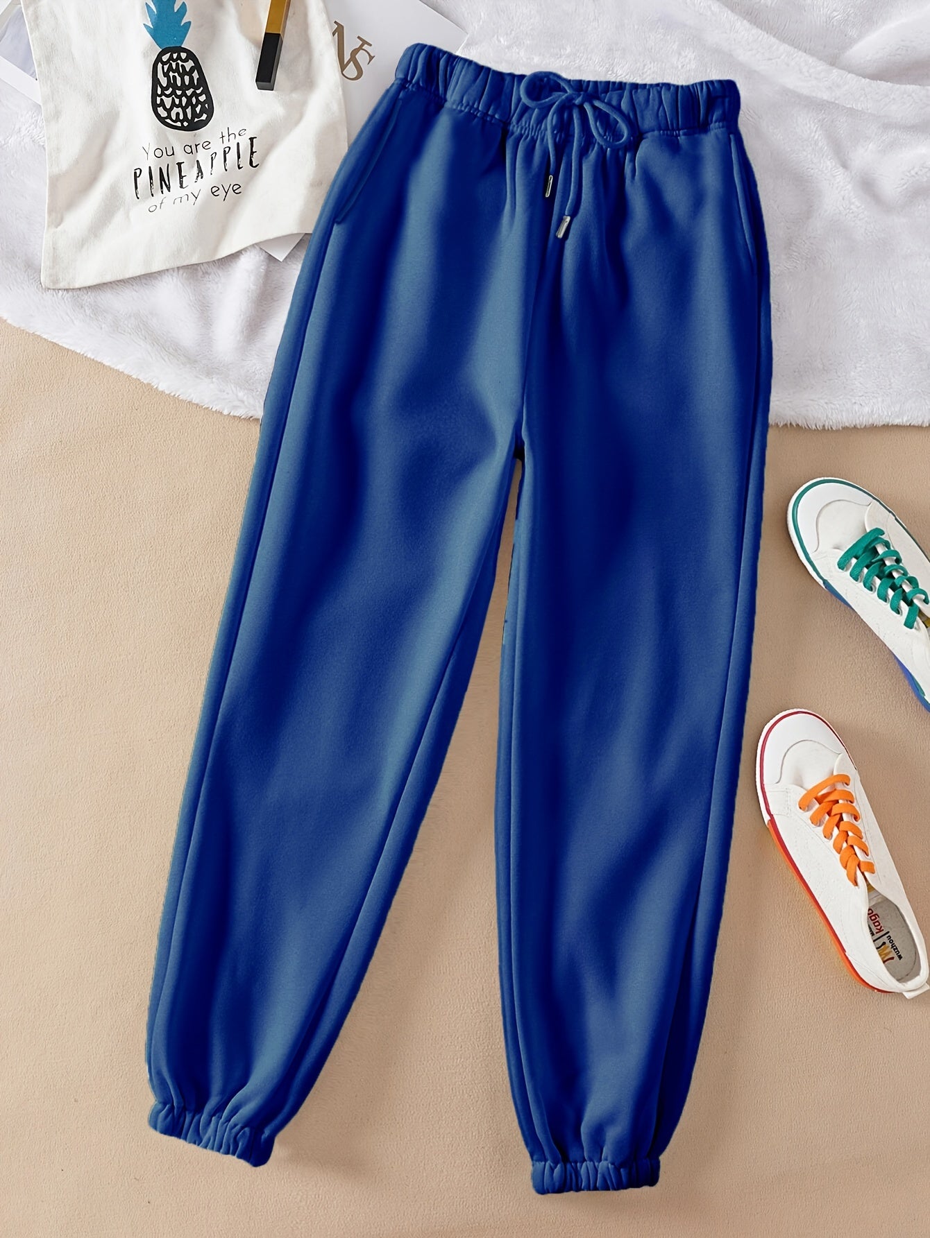 Women's Solid Color Casual Jogger Pants with Elastic Waistband and Drawstring