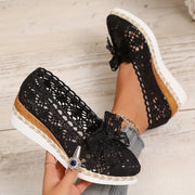 Women's Pointed Toe Espadrille Wedge Shoes with Bow Black Fabric Platform