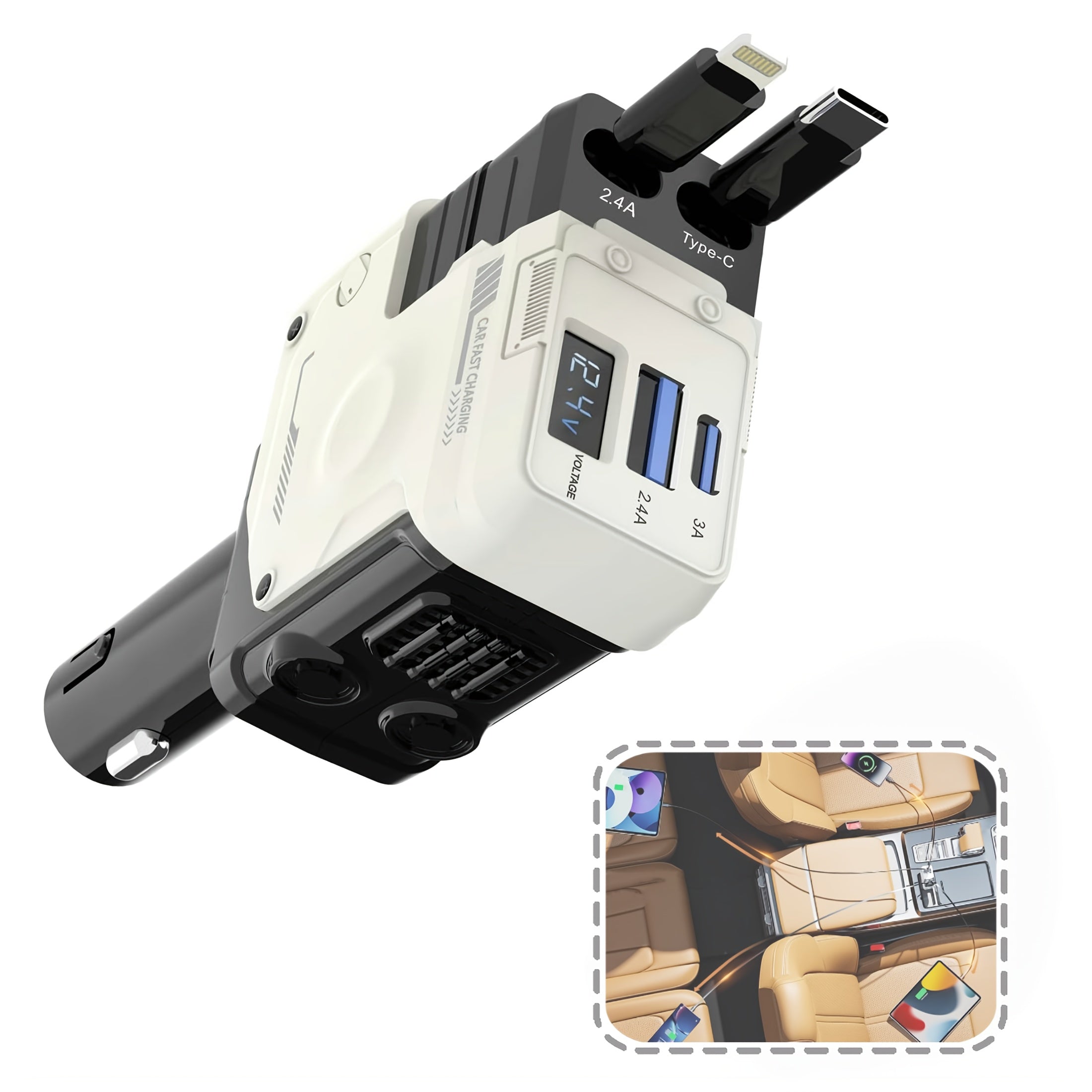 4-в-1 выдвижное автомобильное зарядное устройство с вращением на 180° и портом USB-C