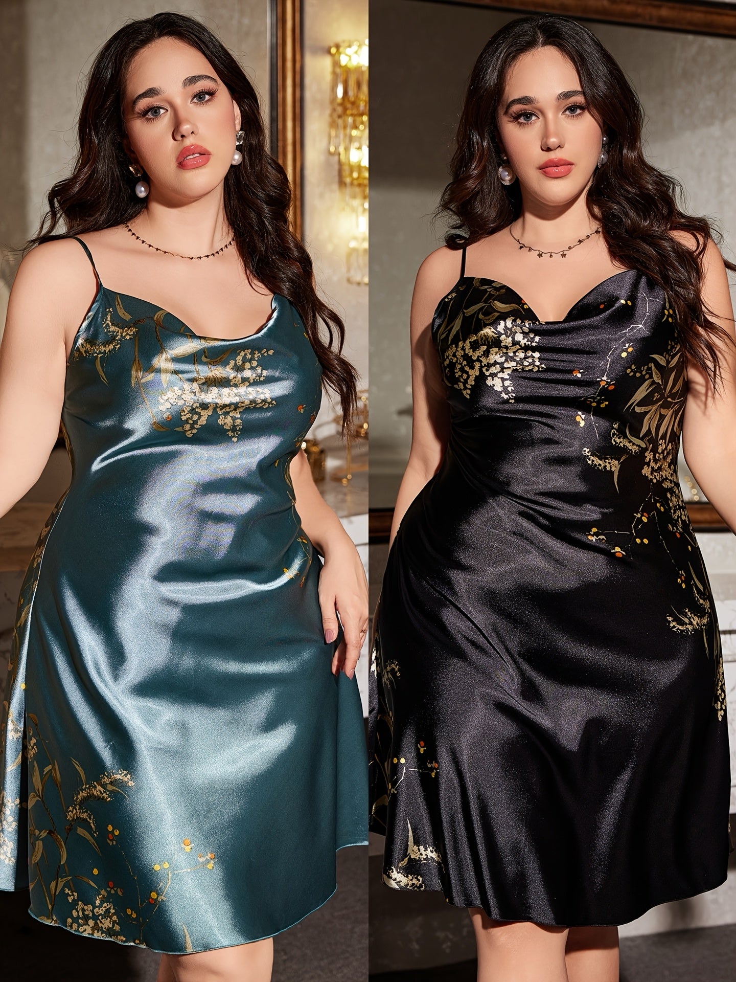 Plus Size Women's Cowl Neck Cherry Print Satin Camisole Sleepwear 2-Pack