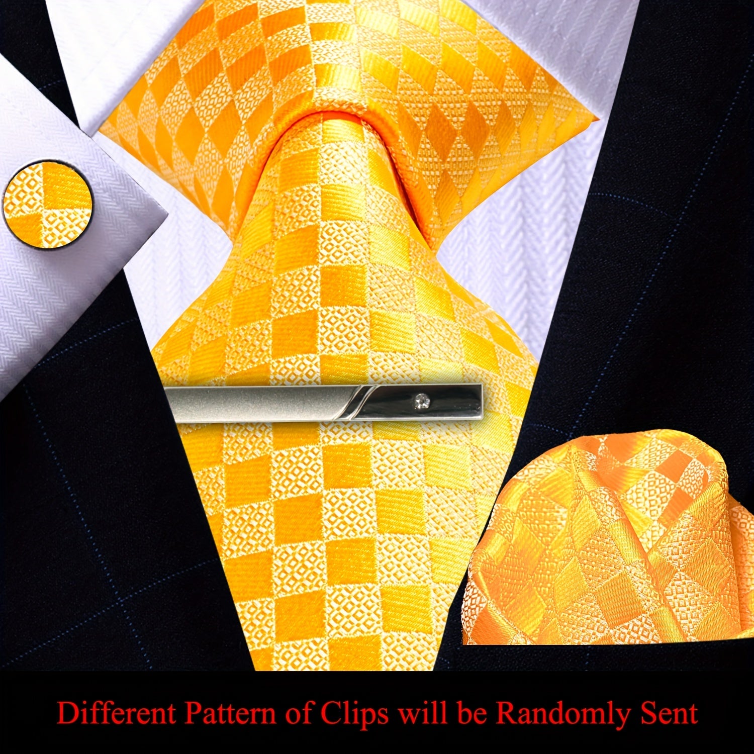 Men's Plaid Tie Pocket Square Cufflinks and Clip Set