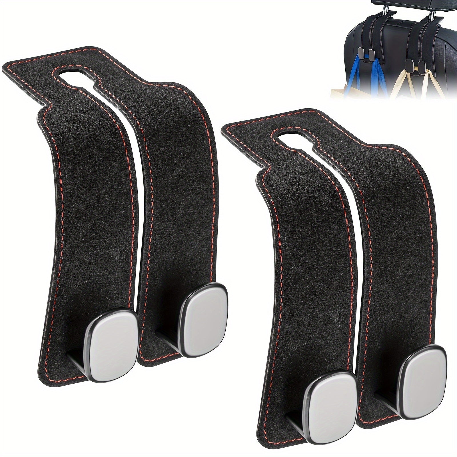 Car Seat Back Hooks Black Red Stitch Synthetic Leather 2 Pack