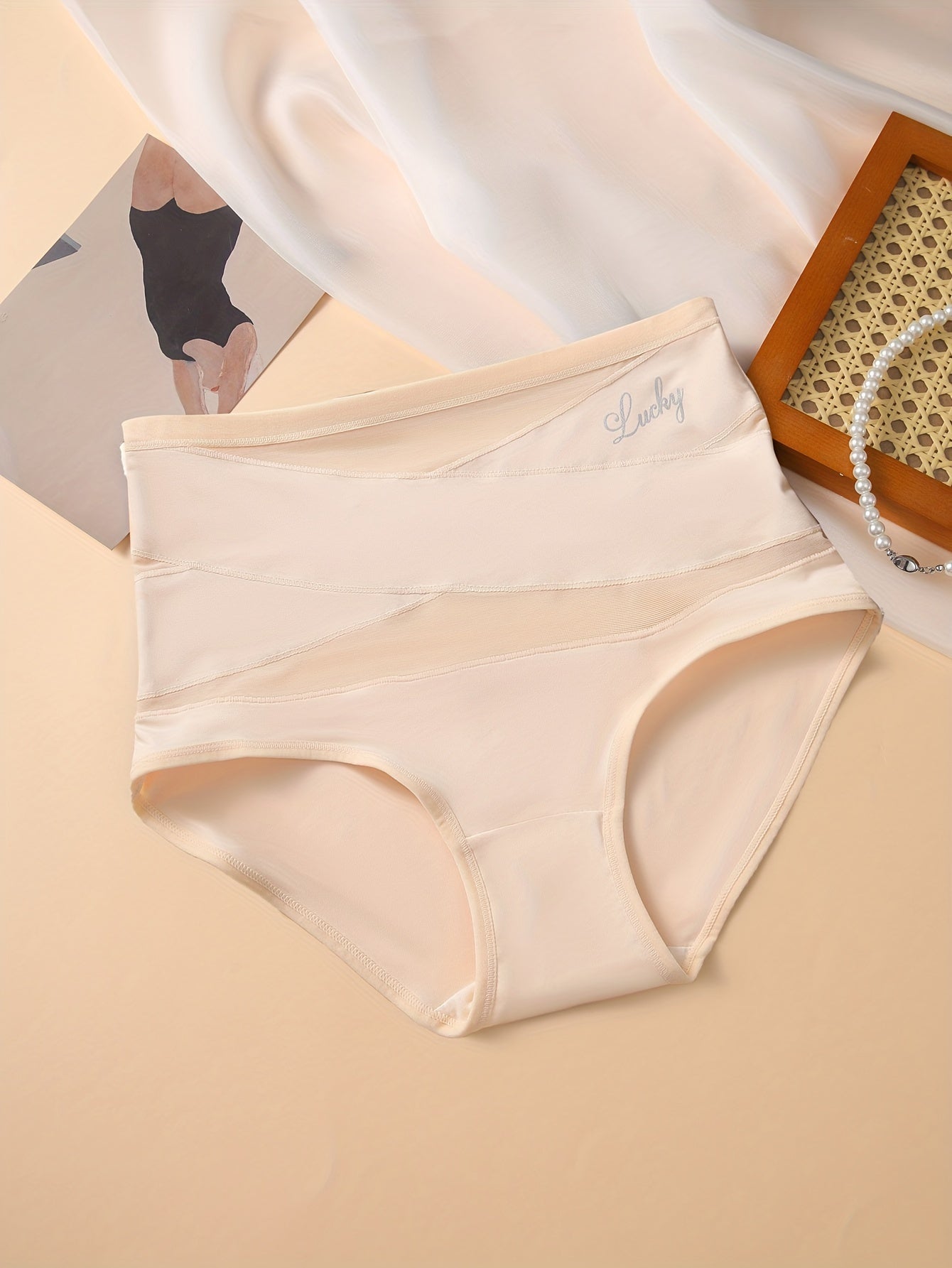 Panties de mujer de cintura alta, transpirables, control de abdomen, con estampado de letras y detalles cruzados