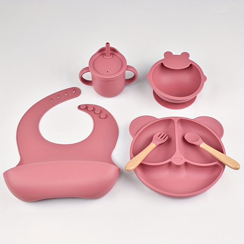 Juego de alimentación para bebé de 6 piezas, cubiertos de silicona de grado alimenticio para niños pequeños, incluye plato, cuenco, babero, taza, tenedor y cuchara