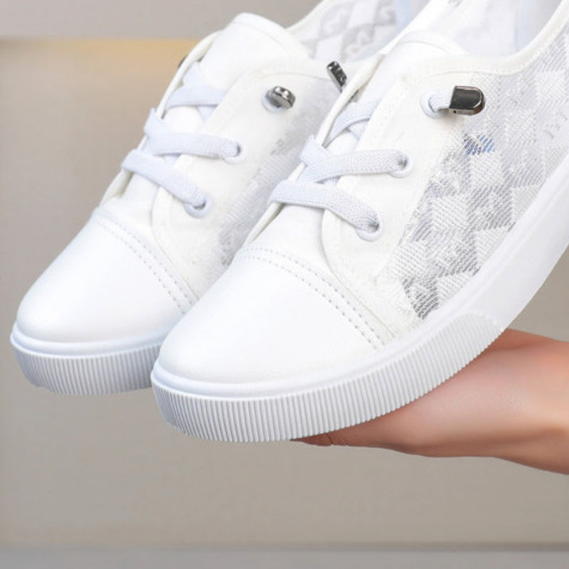 Women's Mesh Sneakers Comfortable Low-Top Lace-Up Shoes Black White
