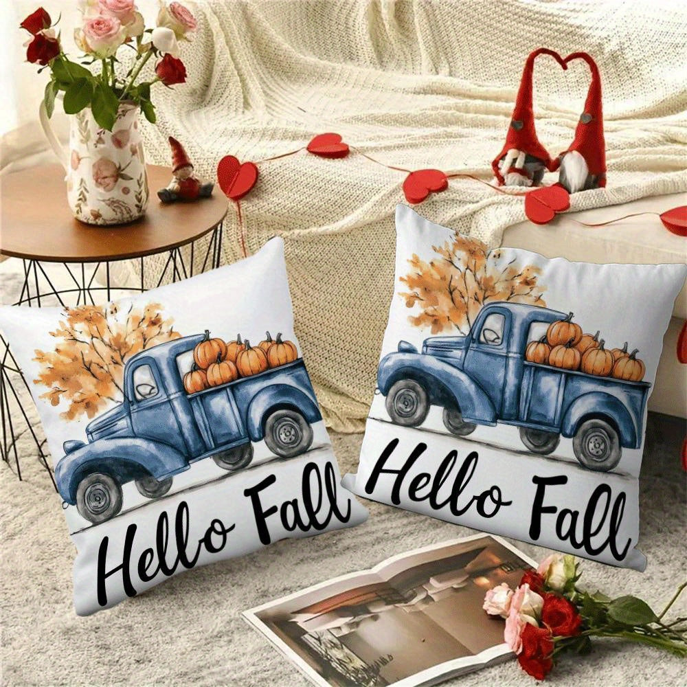 Set of 2 Flannel Pillow Covers 45.72 cm Zippered Pumpkin Truck Design for All Seasons
