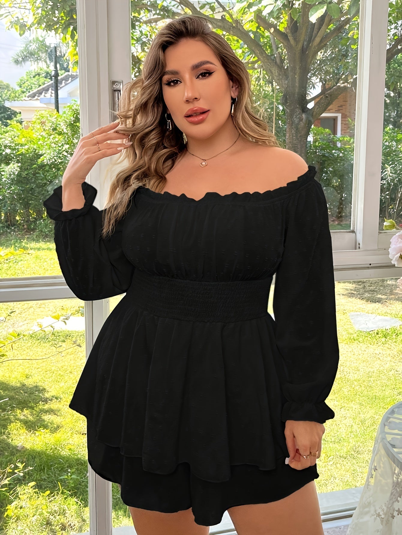 Women's Plus Size Off-Shoulder Ruffled Sleeve Jumpsuit Black Casual Elegant Romper