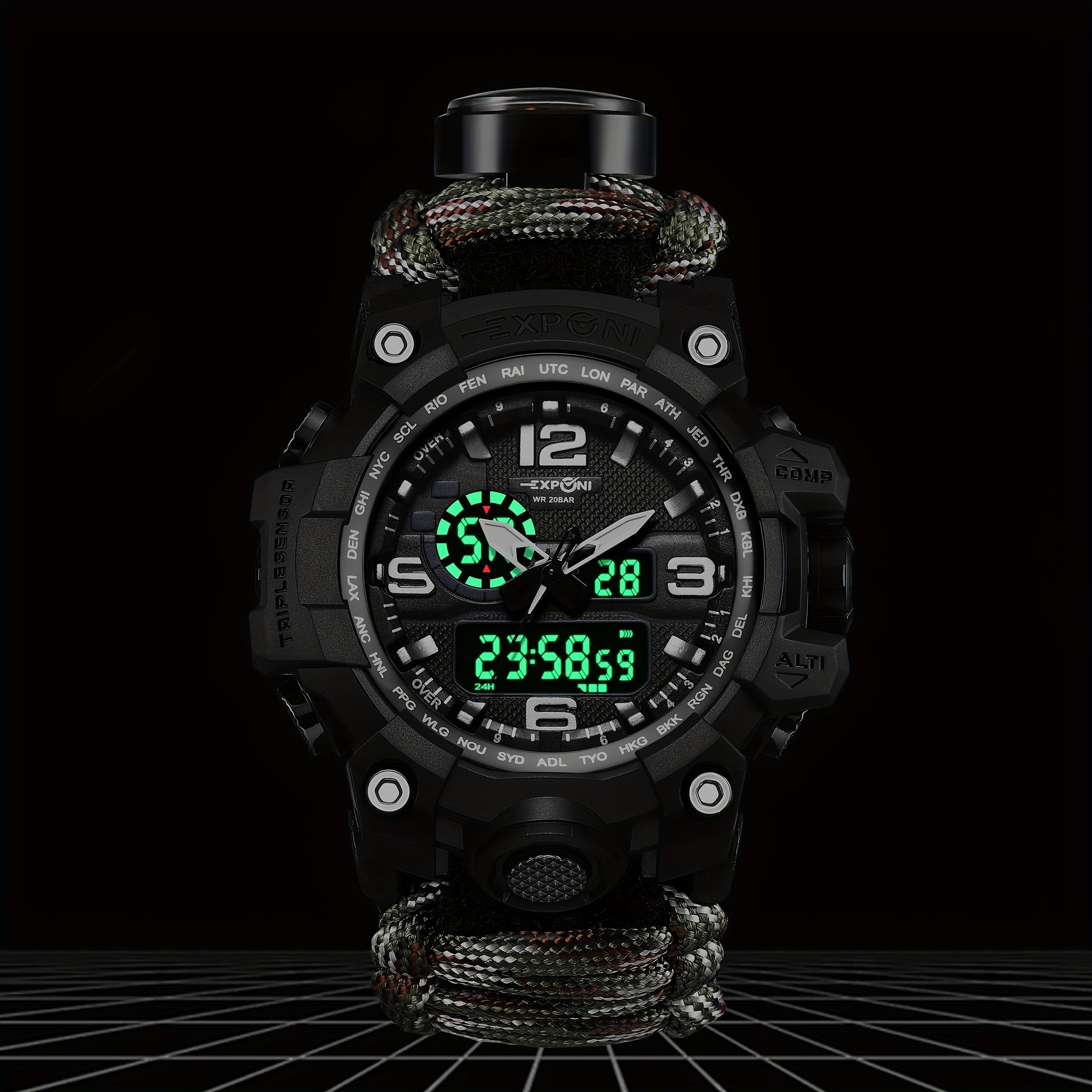 Men Women Digital Sports Watch with Dual Display Quartz Movement Compass Humidity Stopwatch