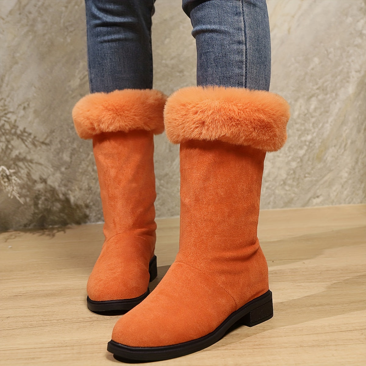 Women's Winter Mid-Calf Boots Soft Plush Cuff Slip-On Platform Waterproof