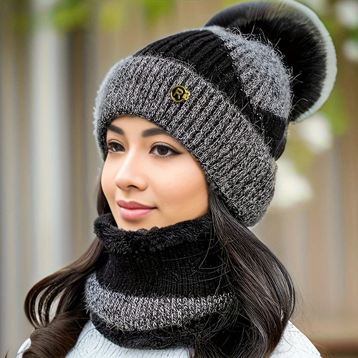 Women's Fleece-Lined Knit Beanie and Scarf Set Warm Winter Hat and Neck Warmer