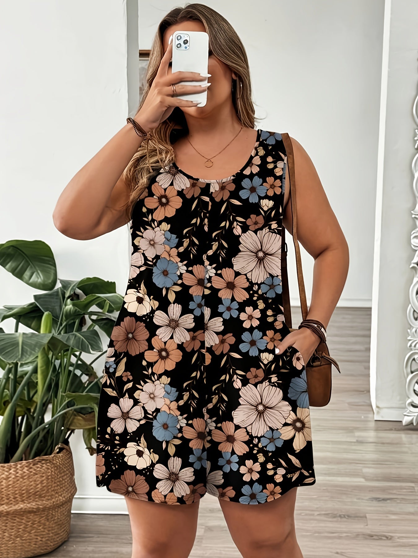 Plus Size Women's Floral Comfortable Jumpsuit with Pockets
