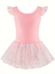 Chiroyli pushti payetli balet leotardi, tül yubkasi bilan, gimnastika va ochiq havoda mashg'ulotlar uchun mukammal.