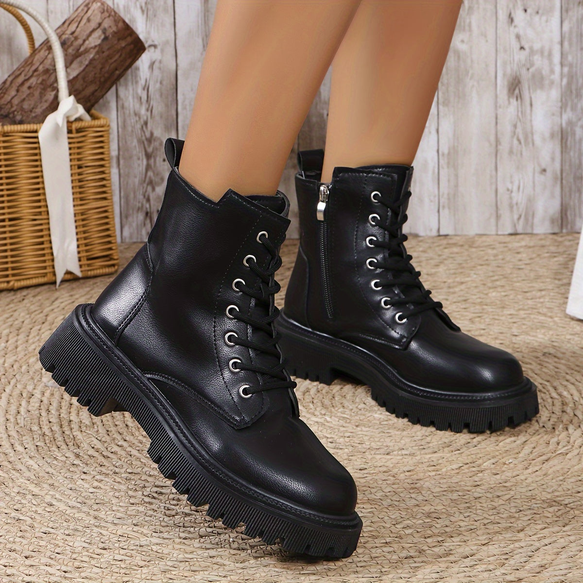 Women's Leather Motorcycle Boots with Side Zip and Thick Sole