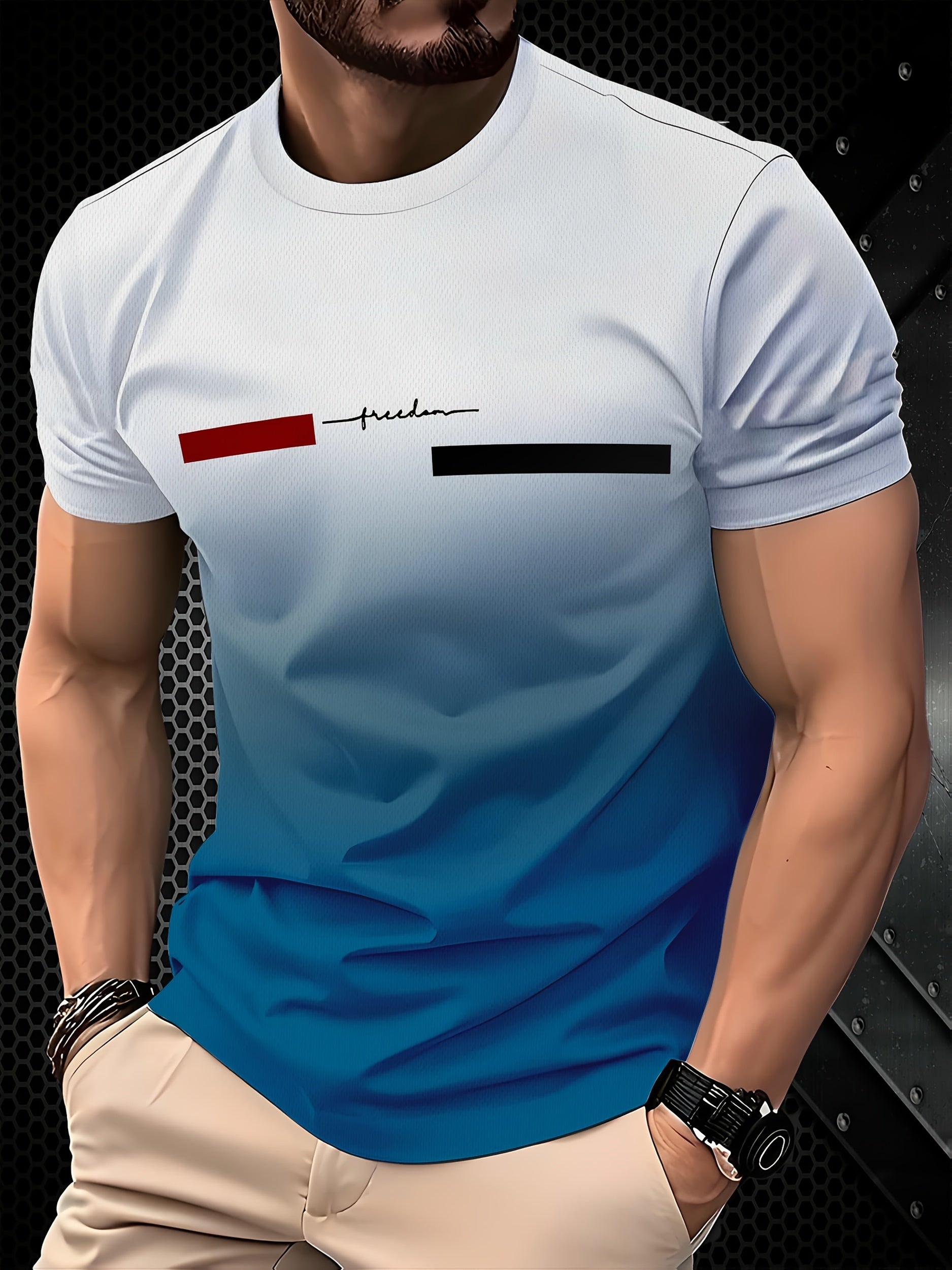 Tashqi erkaklar uchun gradient rangli T-ko'ylak, yumshoq bo'yinli