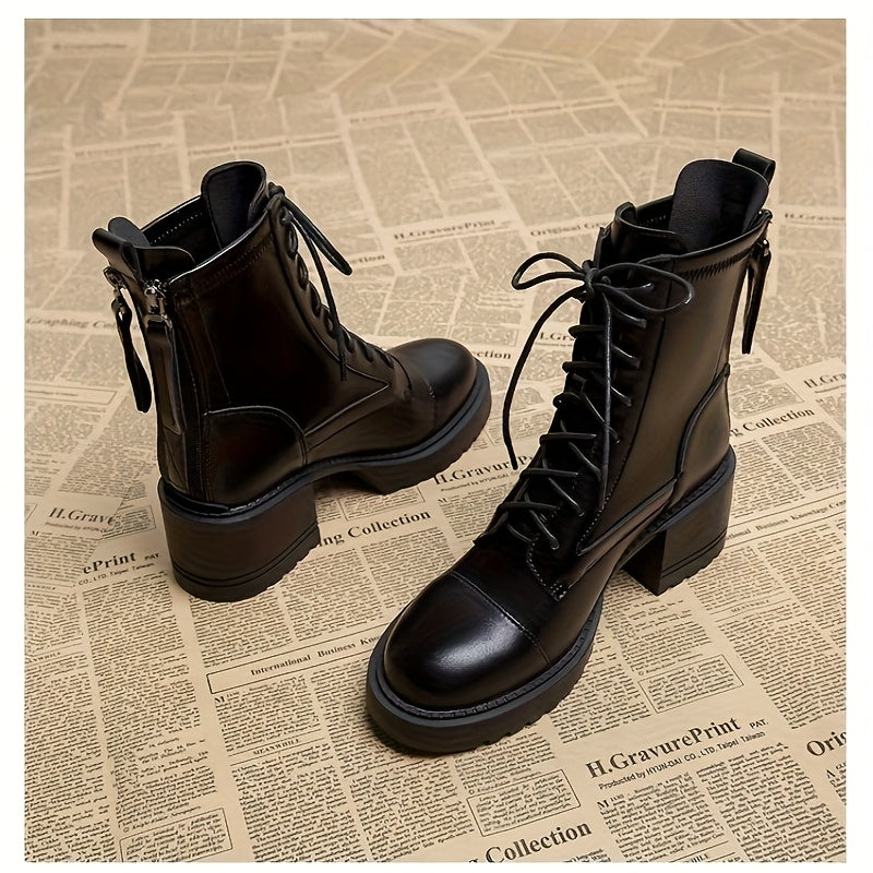 Ayollar uchun qora qalin o'rta poyabzal, tizzaga chiqadigan, charm, bog'lamli, kundalik va rasmiy kiyim uchun