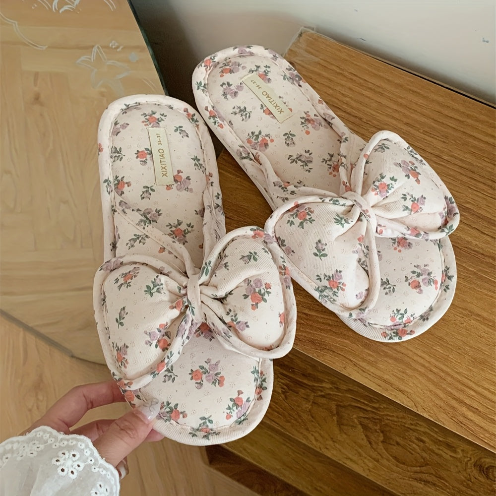 Women’s Floral Bow Slides Soft Fabric Flip Flops Non-Slip PVC Sole Indoor Outdoor