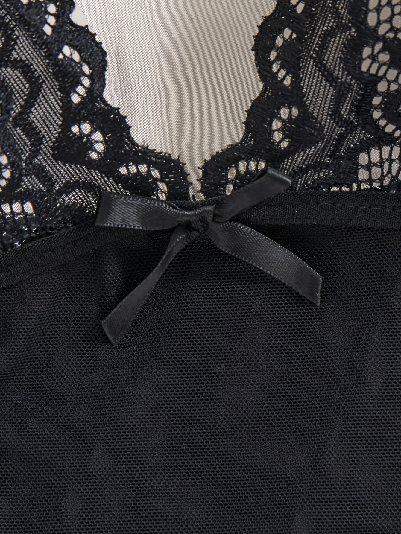 Black Lace Mesh Camisole Sleepwear Set with Deep V Back and Thong Panty