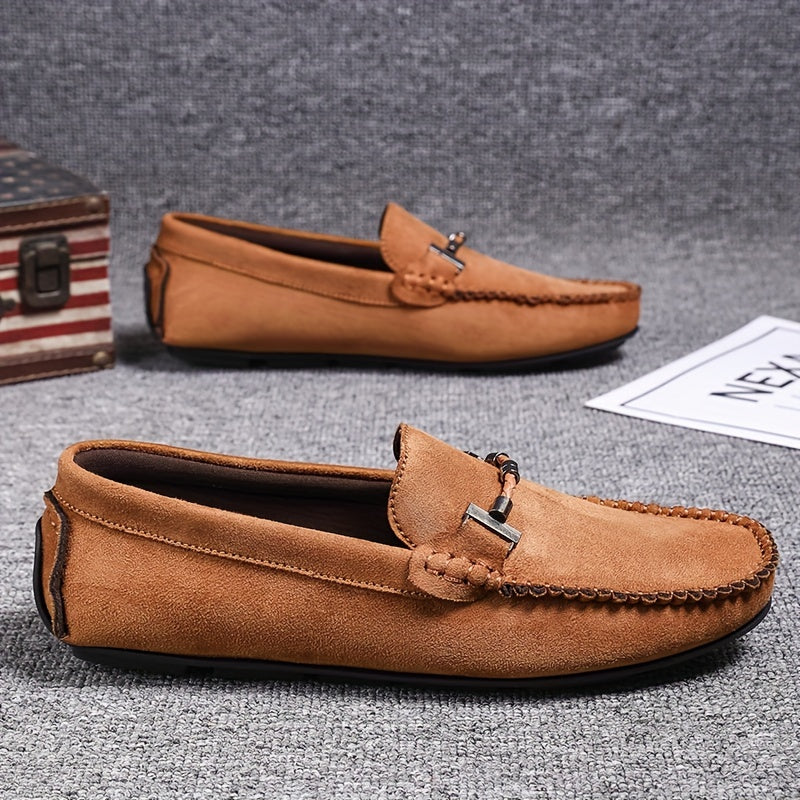 Men's Leather Loafers with Metal Accent Casual Slip-On Shoes for Street Wear