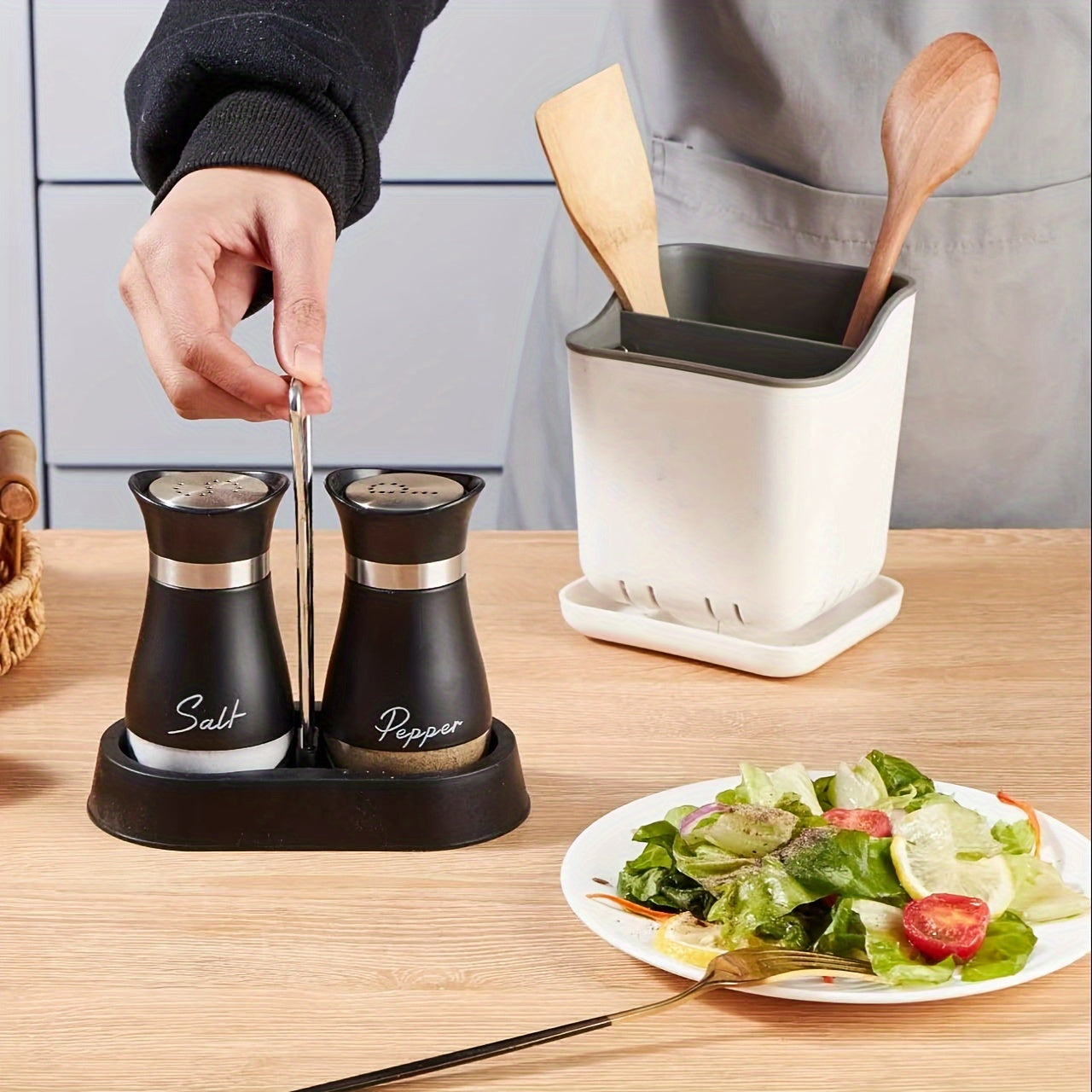 Juego de salero y pimentero con frascos de base de cristal y soporte para cocina, cocina, camping