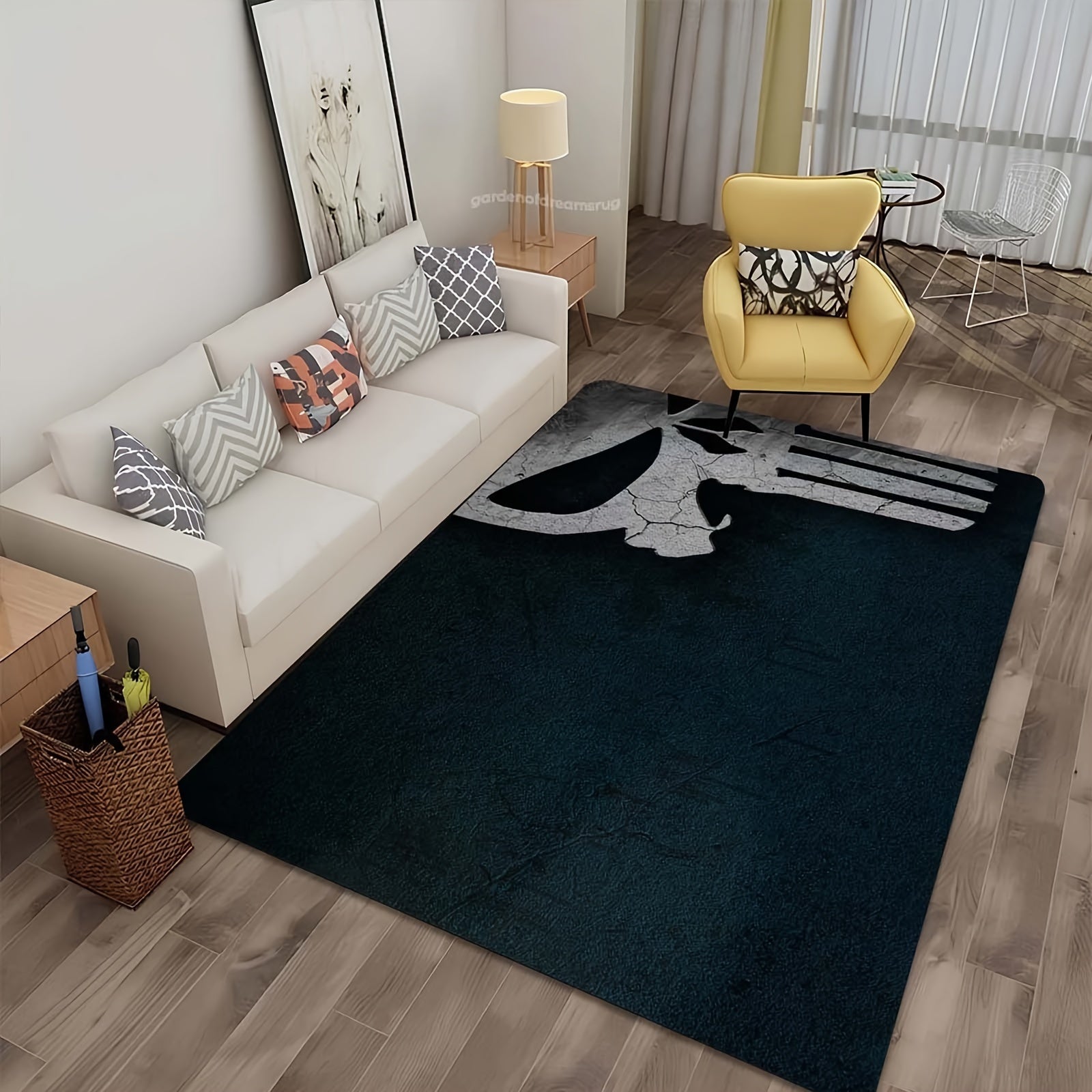 Yumshoq, sirpanmaydigan maydon gilami, bosh suyagi naqshiga ega, mashinada to'qilgan polyesterdan tayyorlangan, yashash xonasi yoki oshxona uchun yuviladigan to'rtburchak mat, 480gsm og'irlikda va 1 sm qalinlikda.