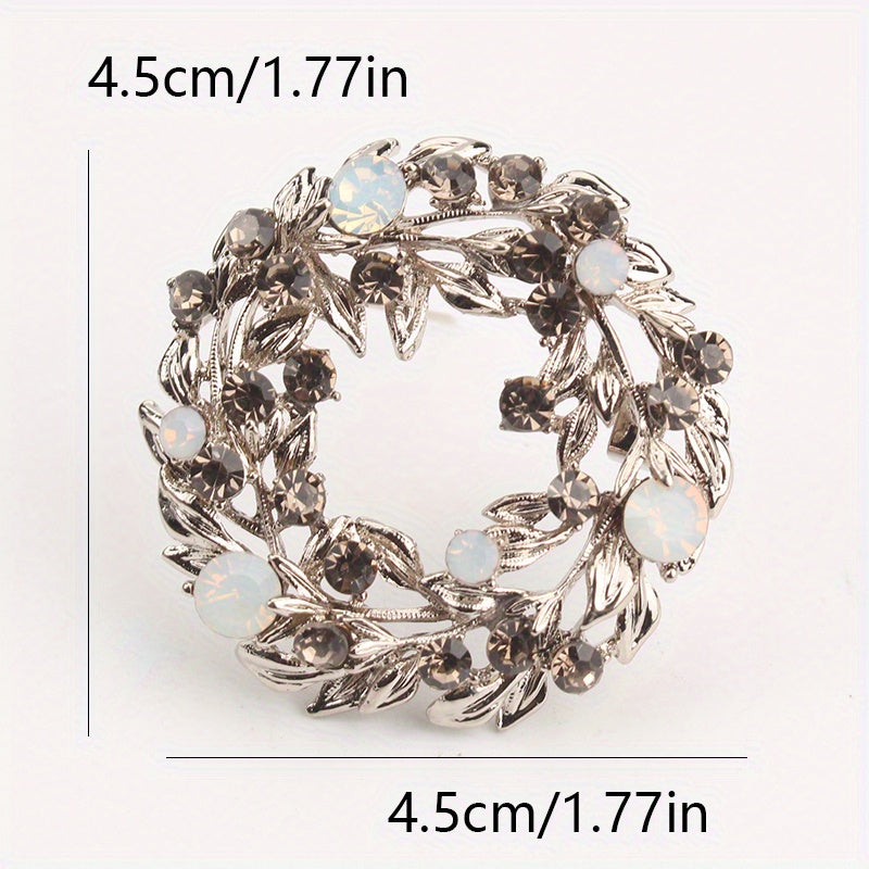 Vintage Floral Brooch with Rhinestones and Enamel Leaf Garland for Women