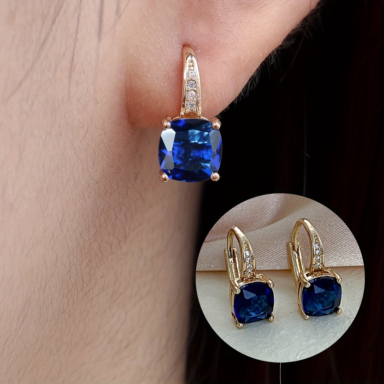 Ayollar uchun kvadrat shaklidagi kubik zirkoniy stud uzuklar, 18K oltin bilan qoplangan mis, moda zargarlik buyumlari