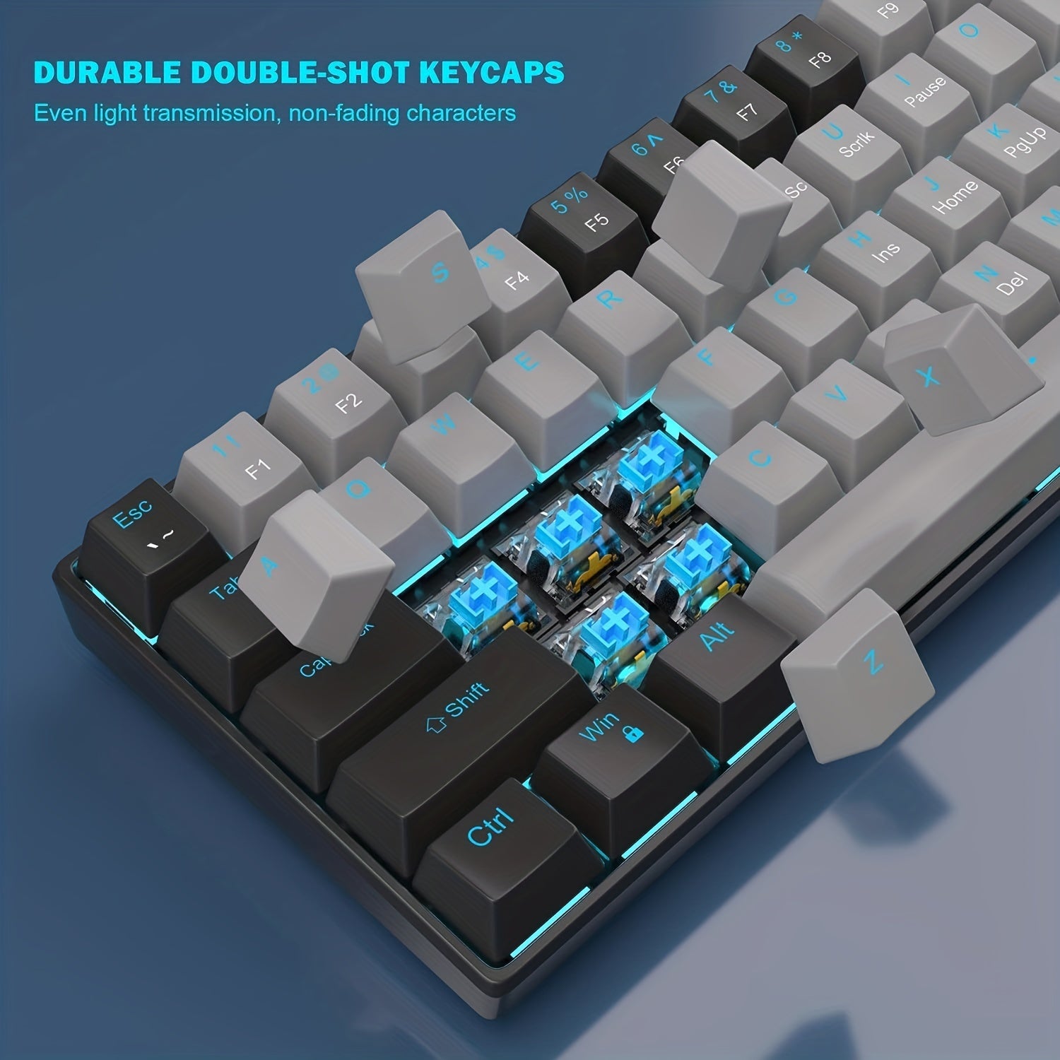 Ergonomic 60% Mechanical Gaming Keyboard Blue Switches Sea Blue Backlit Compact USB