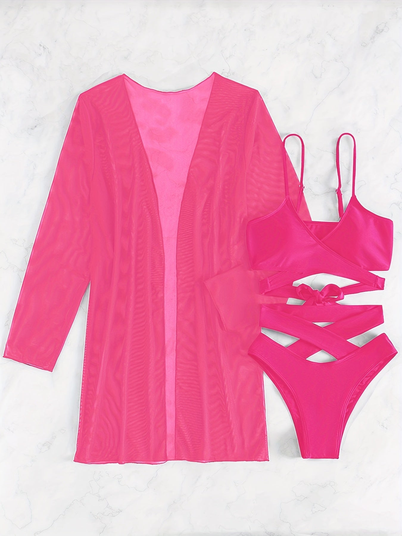Women's V-Neck Bikini Set with High-Cut Bottoms and Long-Sleeve Cover-Up