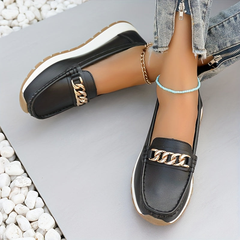 Women Slip-On Loafers with Metal Buckle All-Season Non-Slip Flat Shoes