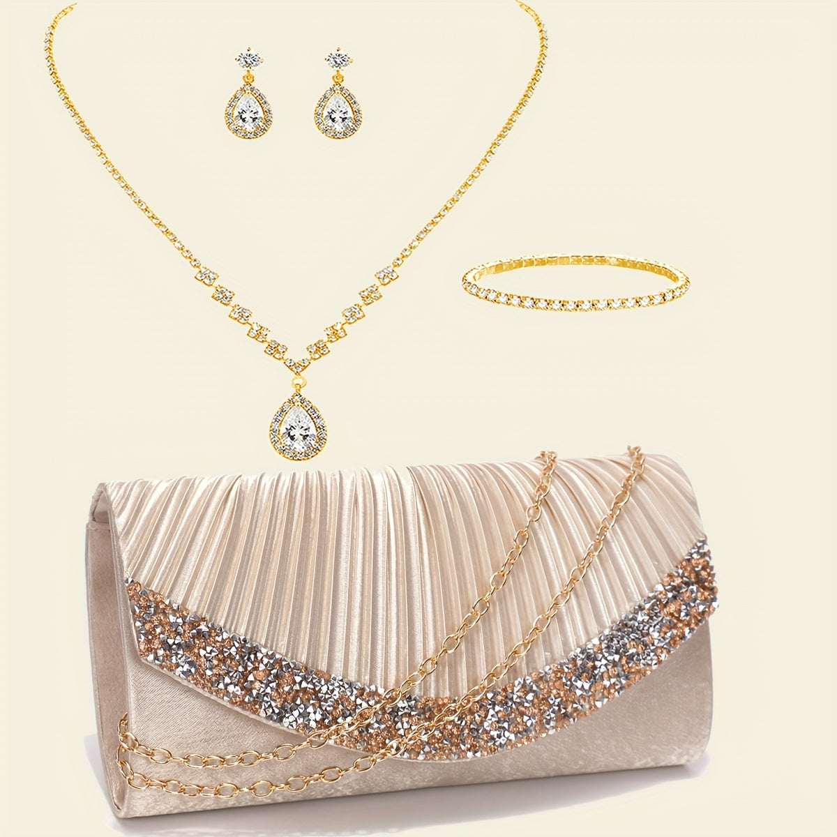 Elegant Satin Evening Clutch Bag with Rhinestones and Detachable Chain for Weddings and Parties
