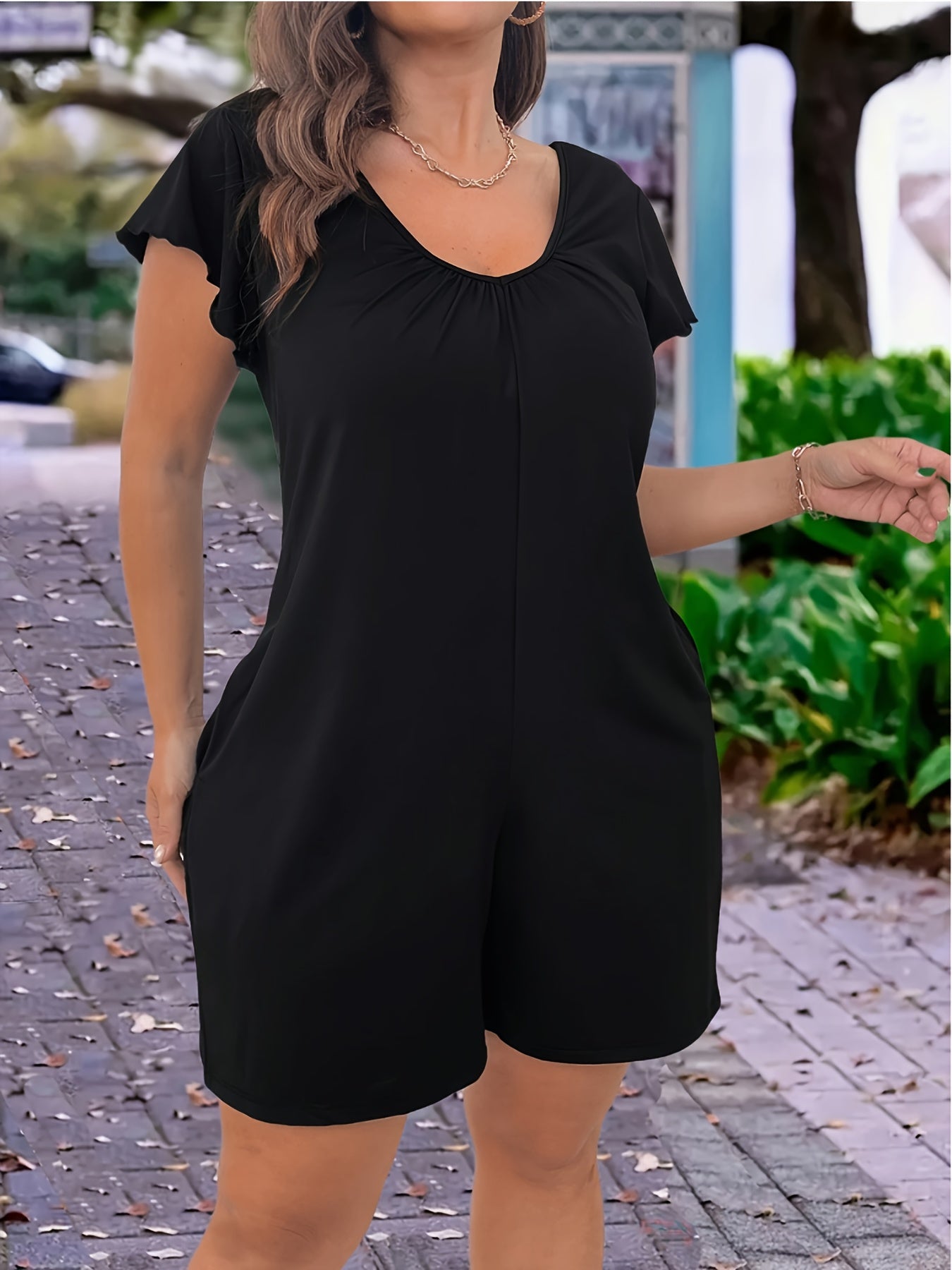 Plus Size Black Summer Jumpsuit Breathable Fabric Flared Legs Pockets