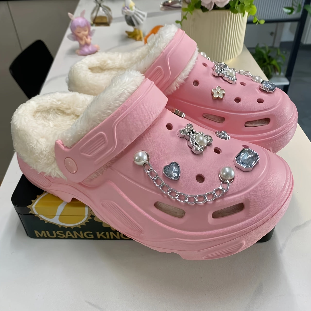 Women's Warm Plush Lined Shoes with Butterfly Heels and Bear Accessories