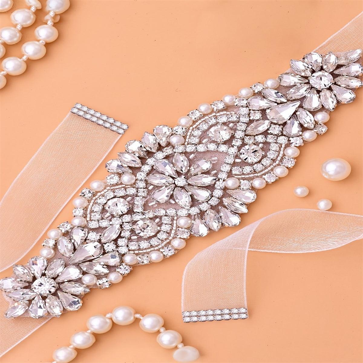 Handcrafted Rhinestone Bridal Belt Waist Chain Sash with Faux Pearl Beads Wedding Dress Accessory