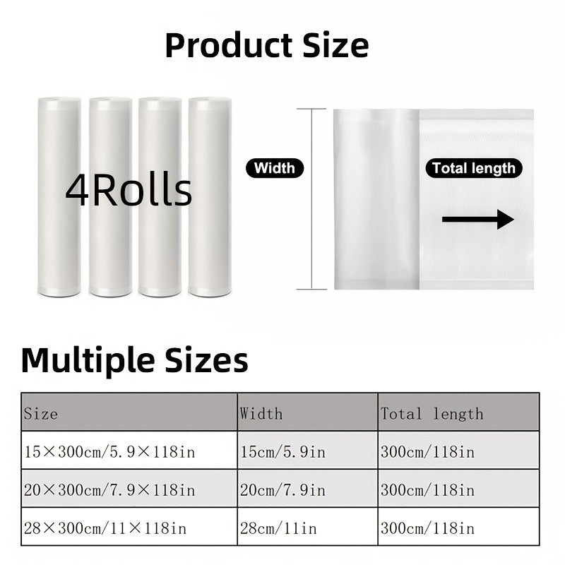 Vacuum Sealer Rolls 4 Pack 3m Textured BPA-Free for Meat Veggie Fruit Storage