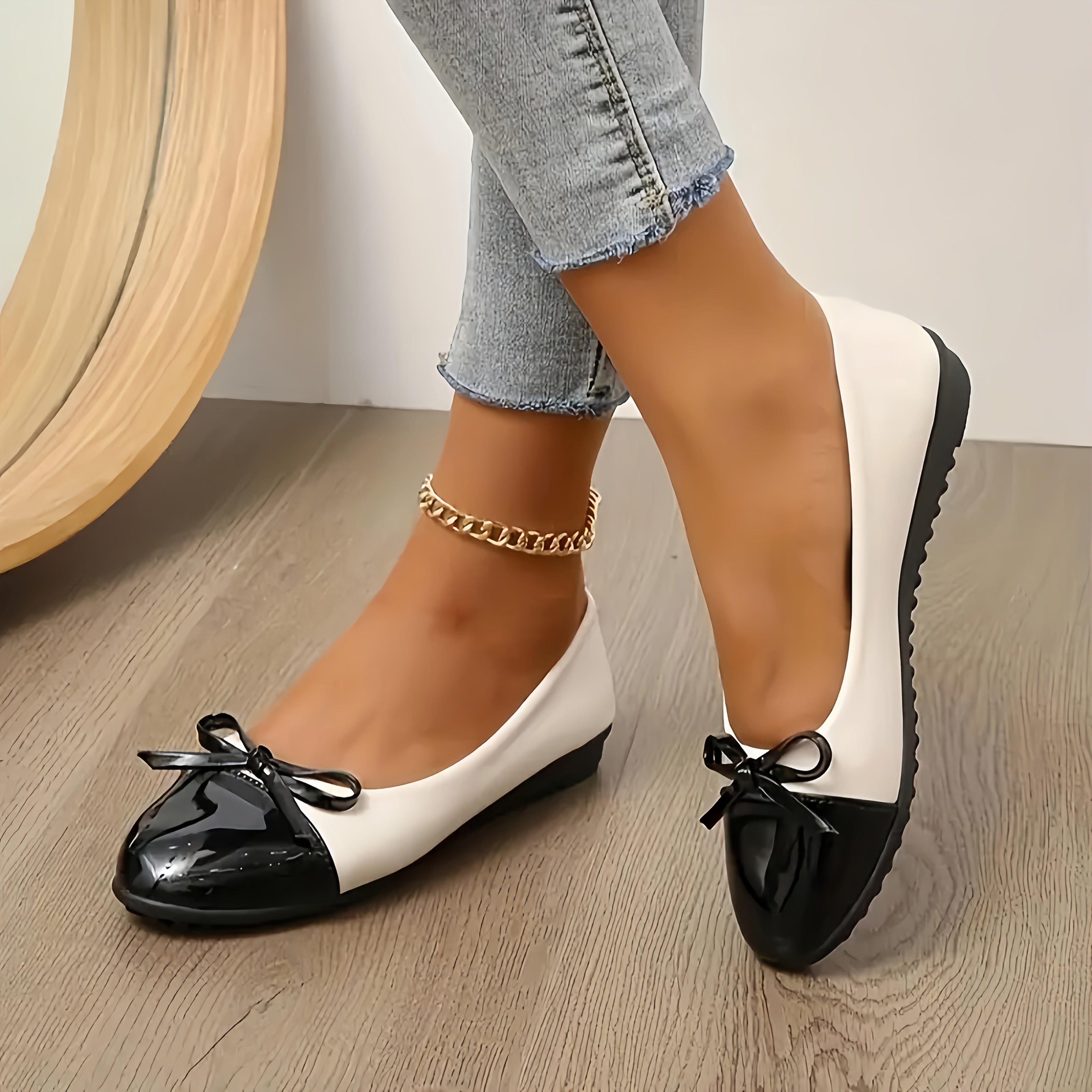 Women's Black TPU Ballet Flats with Bow, Lightweight Slip-On, All-Season