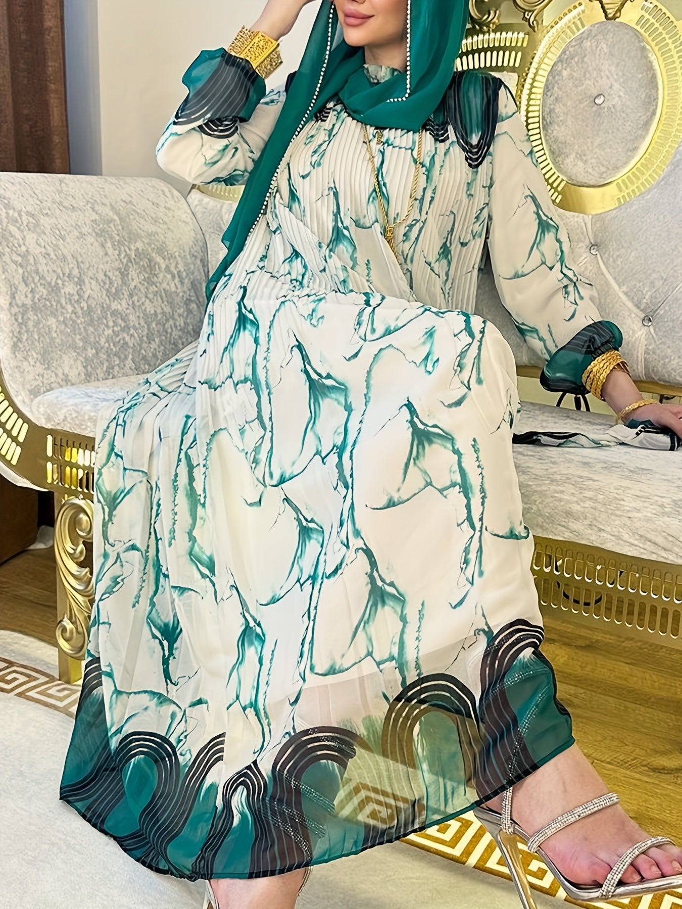 Tie Dye Print Kaftan Dress Long Sleeve Maxi Woven Polyester Loose Fit