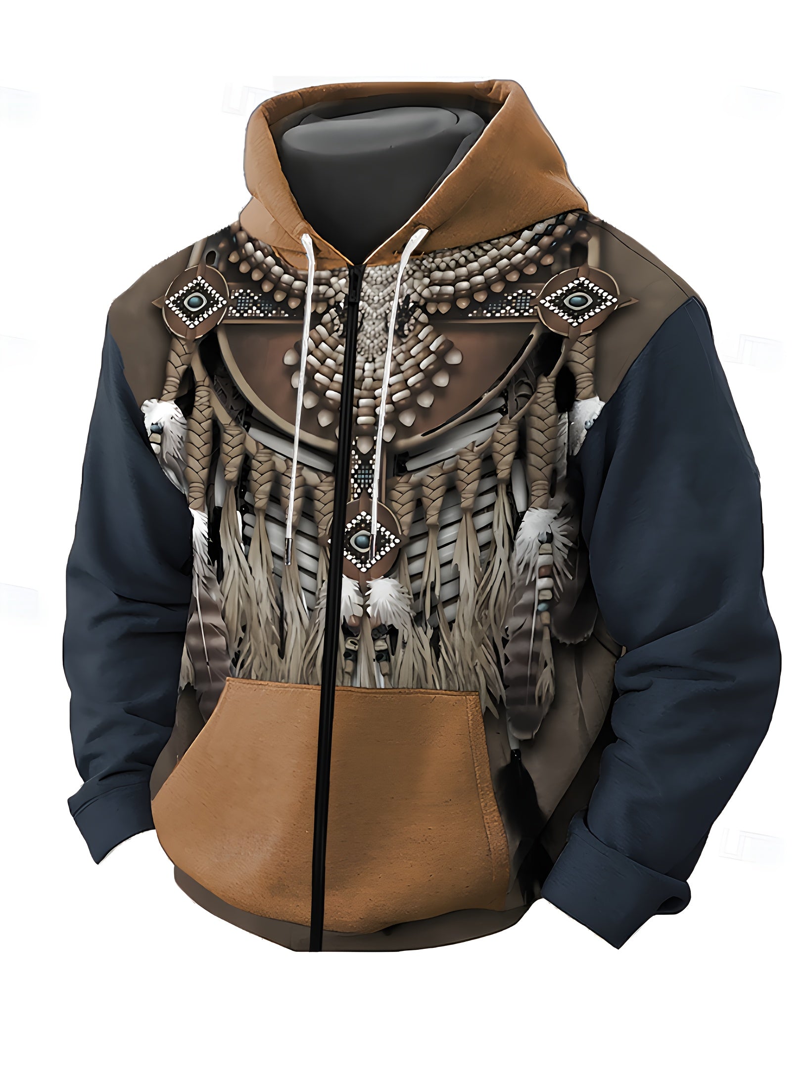 Men's Casual Zip-Up Hoodie with Ethnic Pattern Print Plus Size Polyester Knit