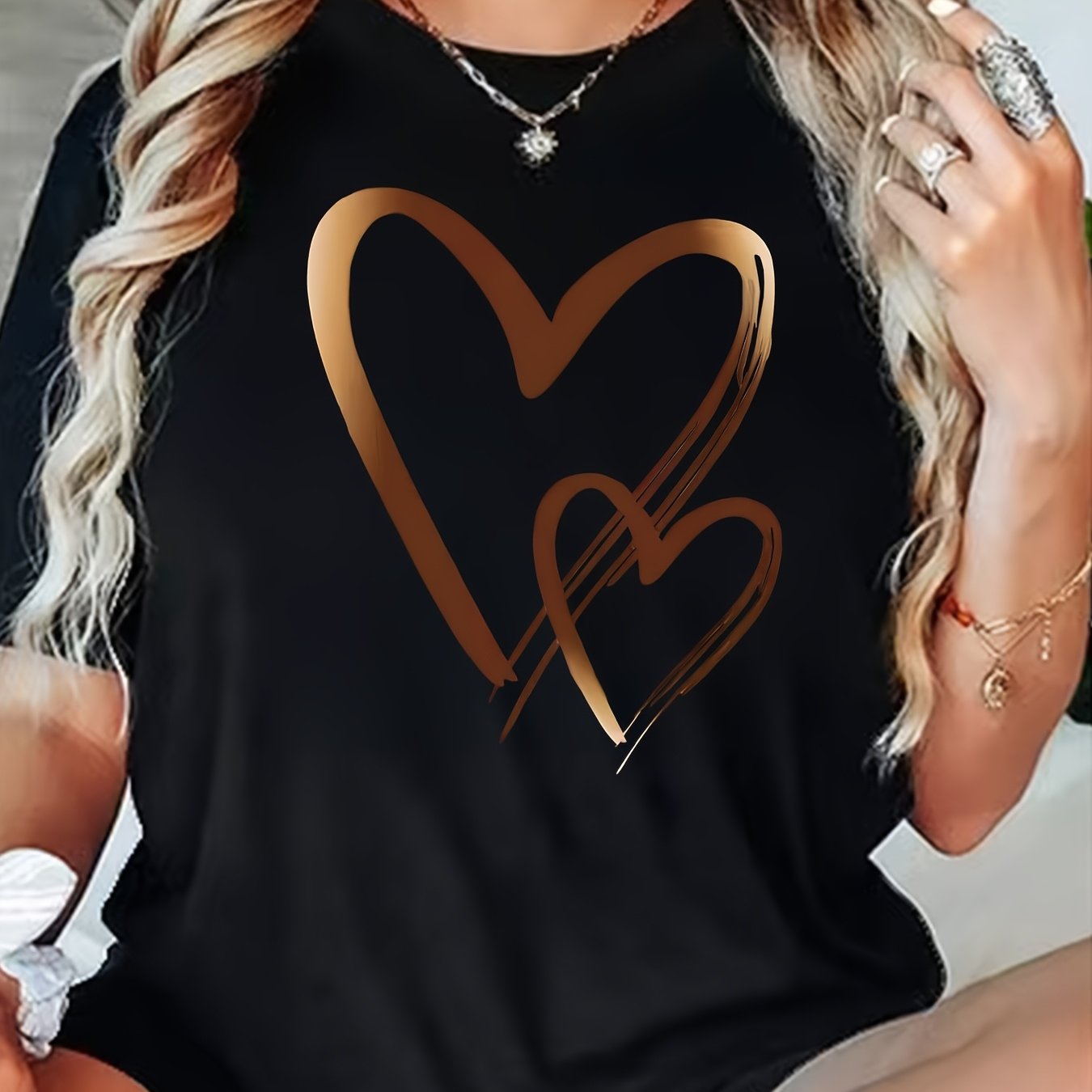 Men's Black Polyester Sports T-Shirt with Heart Applique and Crew Neck