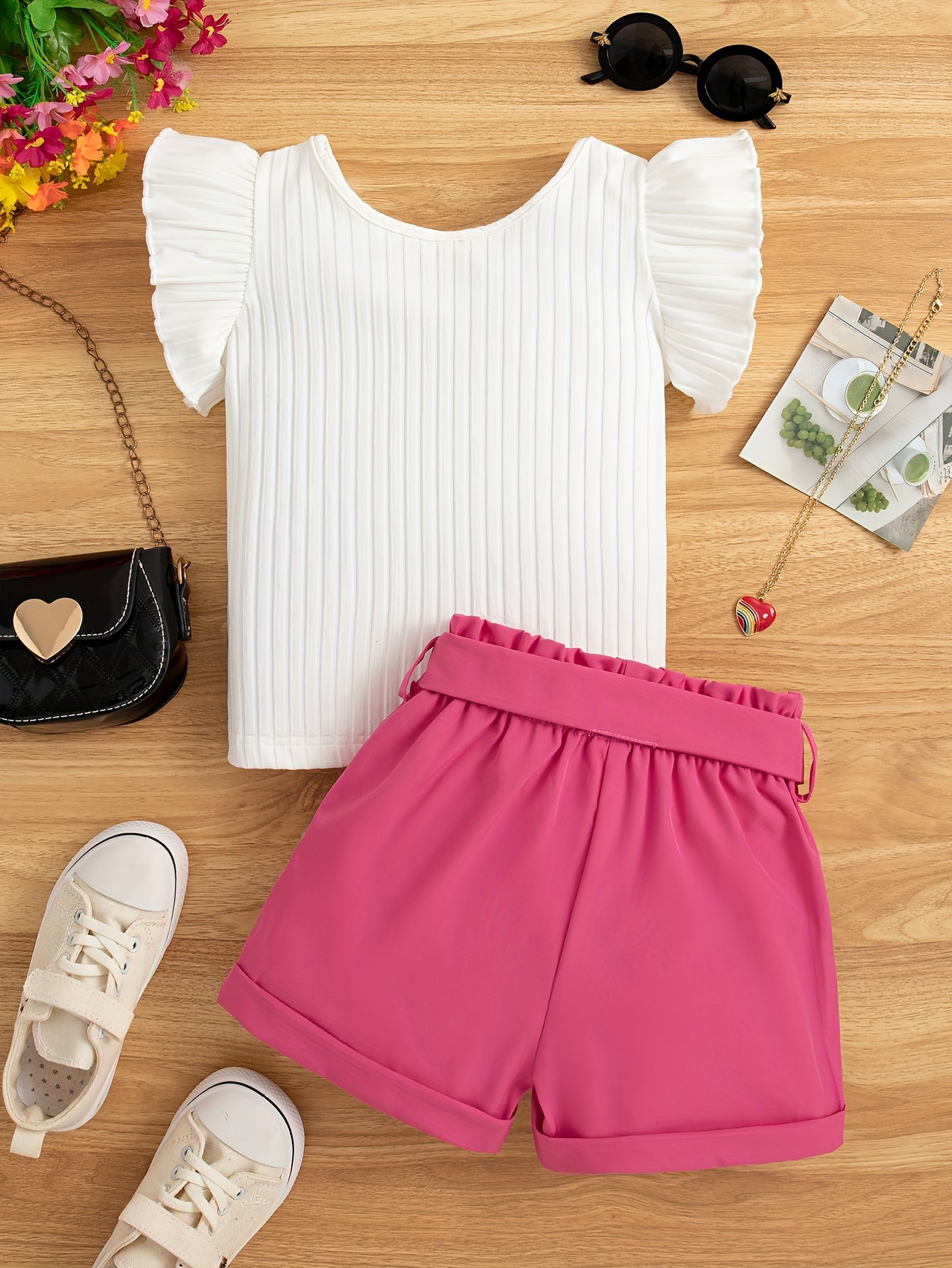 Girls Summer Outfit Set with Top and Shorts Bow Belt Solid Color Sleeveless Casual