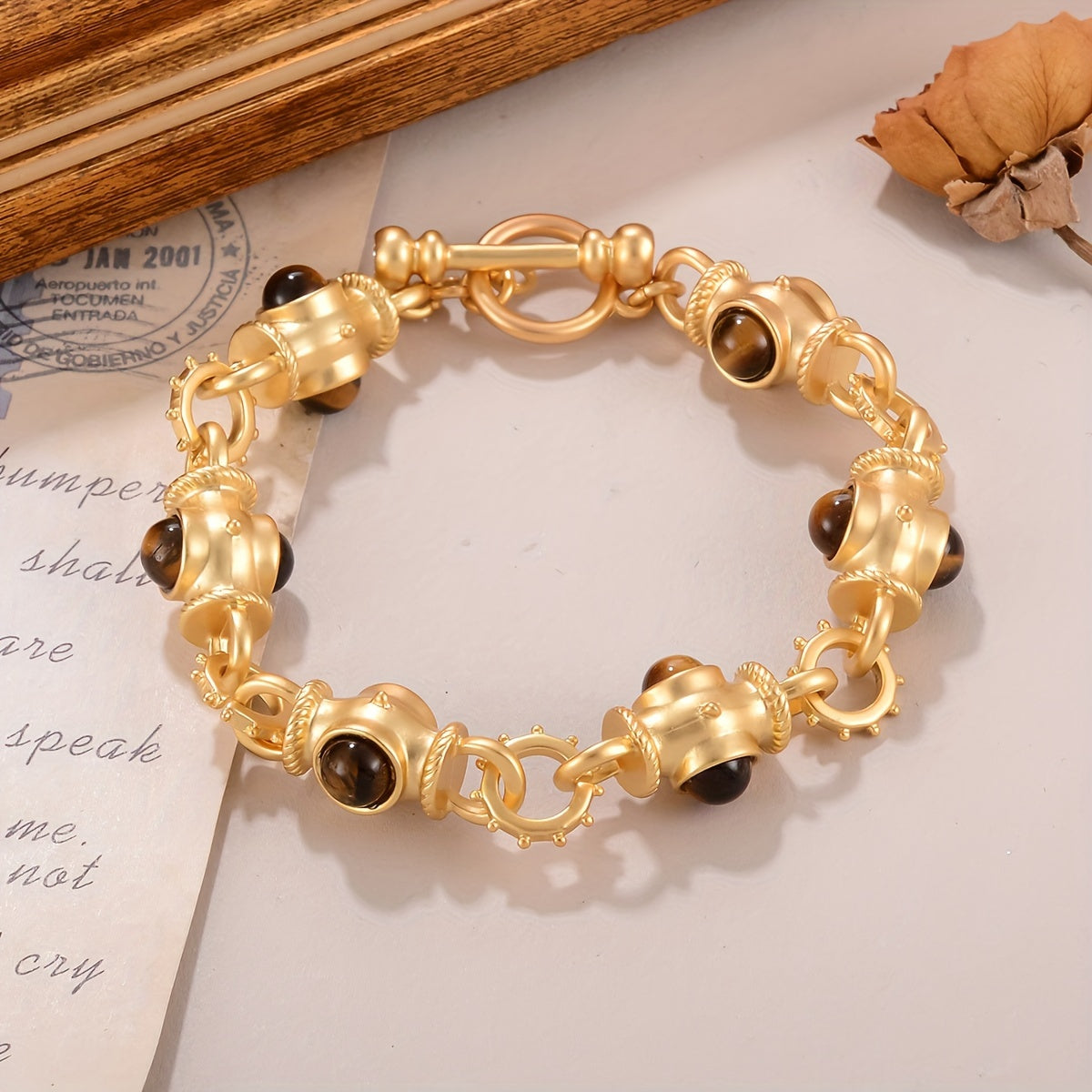 Gold-Plated Alloy Bracelet for Women with Turquoise Accents and Geometric Links